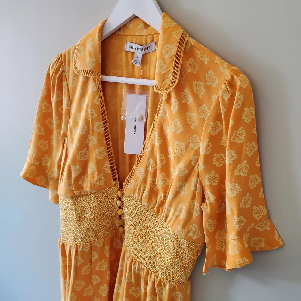 NWT Urban Outfitters S Mustard Yellow Floral Prarie Cottagecore Mini Dress - Picture 6 of 10